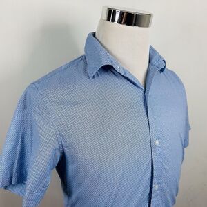 Bonobos Small Tailored Fit Short Sleeve Shirt Blue White Geometric Cotton Blend